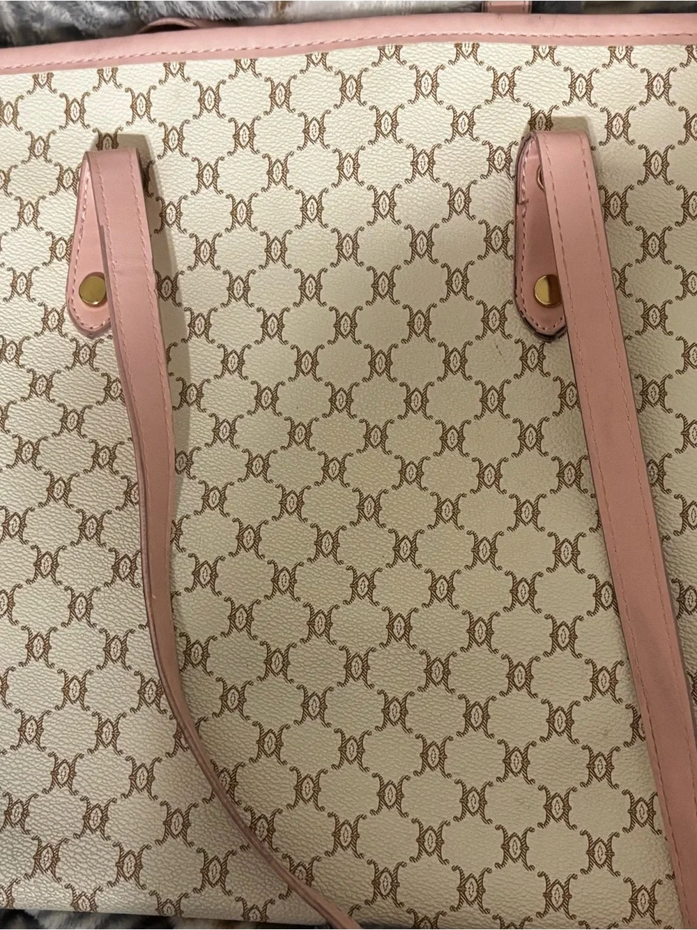 Women’s Beige Monogram Tote with Pink Trim